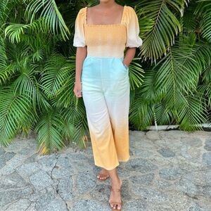 Something Navy | Women’s orange/blue ombré puff sleeve smocked front jumpsuit, S